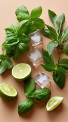 Obraz premium Fresh mint leaves and lime slices with ice cubes are laid out on a light beige background, ready for drink designs