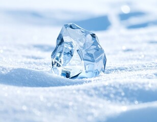 A single, clear shard of ice rests atop a field of sparkling white snow under bright light.