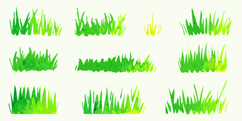Variety of stylized green grass tufts and blades on a white background © Ratan