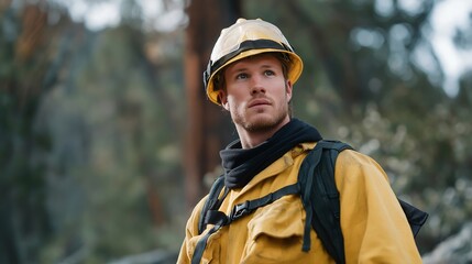Obraz premium Veteran firefighter applying military teamwork and stress management to wildfire suppression operations, perfect for veteran emergency career, military skill application, firefighting profession,