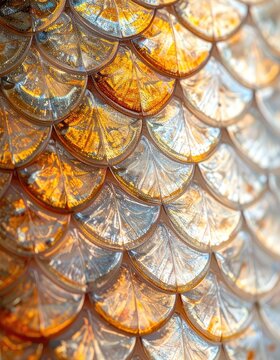 Close-up of shimmering, overlapping glass scales in amber and silver tones.