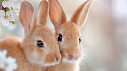 Obraz premium Adorable bunny duo close-up in blooming garden, spring animal background