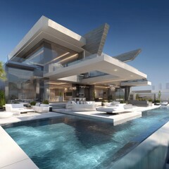 Obraz premium Luxurious Modern Architecture with Swimming Pool and Outdoor Living Space in Bright Sunshine