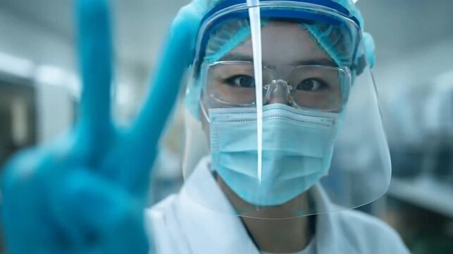 A masked, gloved professional in a lab coat, face shield, and cap makes a victory sign