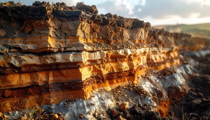 Detailed cross-section revealing stratified layers of earth and rock illuminated by warm sunlight.
