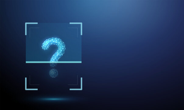 3d question mark inside digital scanning frame. Problem analysis, uncertainty evaluation, inquiry processing, risk assessment, troubleshooting workflow concept.