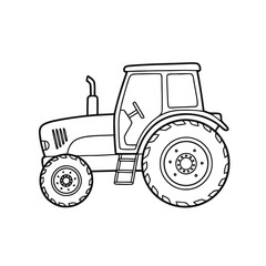 Obraz premium Side view line drawing of a modern farm tractor featuring a closed cab, large rear wheels, and exhaust stack, presented on a white background for tracing.
