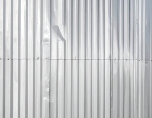 Texture of a dented, corrugated silver metal wall surface.