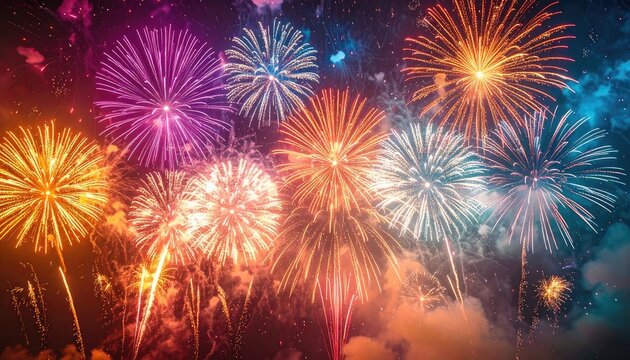 Spectacular night sky illuminated by a vibrant, multicolored fireworks display.