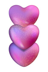 Fototapeta premium 3D pink glossy hearts composition with gold glitter texture and sparkles. Isolated romantic element on transparent background. 3d render illustration.