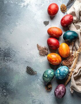 Flat lay view of colorful easter eggs on right background. Decorated eggs painted for easter holidays