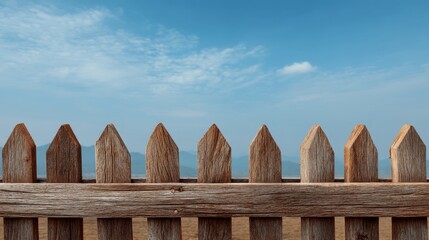 Wooden Fence with Pointed Tips against Clear Blue Sky and Soft Clouds in the Background Creating a Serene Outdoor Scene