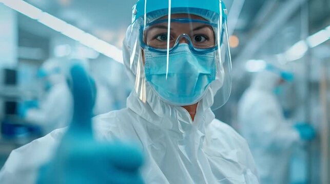 Medical worker in PPE (suit, mask, shield, gloves) gives thumbs-up in sterile lab