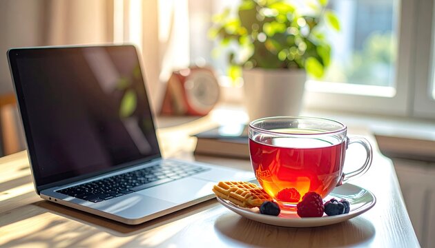 Cozy desk setup with laptop, tea, waffle, berries, and natural light