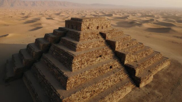 Drone Over Ancient Mesopotamian Ziggurat Reconstruction