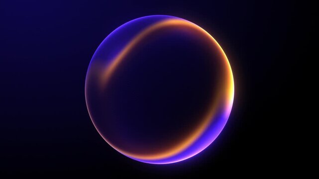 Shiny energy plasma particles orb on dark minimalitic business background. Gradient neon flowing magic sphere with purple and blue shiny waveforms. 4k 60fps looped graphic.