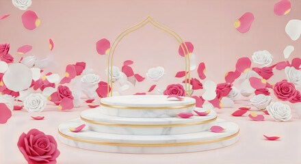 Elegant islamic podium with falling rose petals and archway