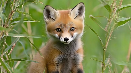 Fototapeta premium Curious Young Red Fox Playfully Exploring a Lush Green Field Surrounded by Nature s Beauty