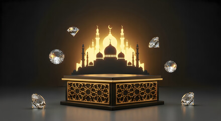 Glowing islamic mosque silhouette on ornate podium with floating