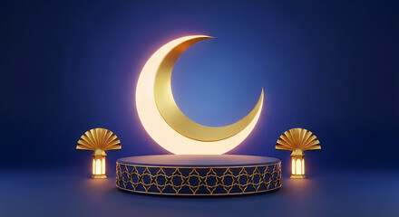 Golden crescent moon with islamic pedestal and lanterns on dark blue