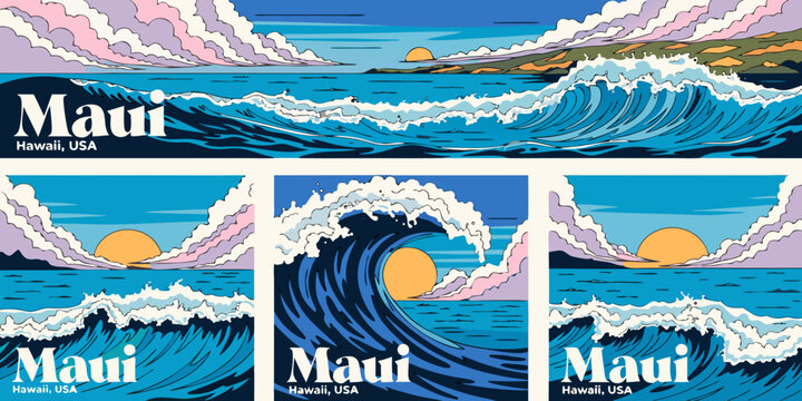 USA, US, U.S, United States - Set of Maui Ocean Waves with Turquoise Water and Tropical Horizon &ndash; Panoramic Clean Flat Vector Design for Banner, Card, or Flyer | USA Hawaii Island Illustration