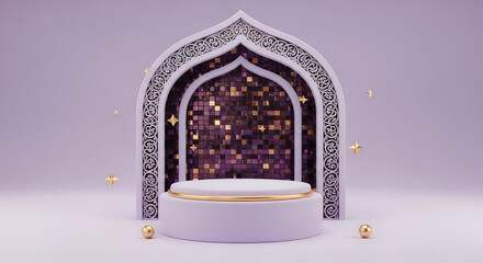 Elegant islamic arch podium with gold accents and sparkling background