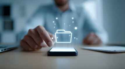 A man interacts with a smartphone displaying a digital file icon