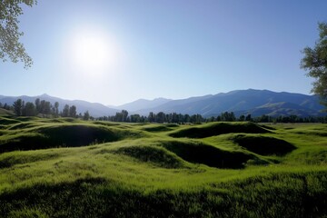 Obraz premium Vast Green Field with Hazy Mountains and Sunburst. Vast Green Meadow with Distant Mountains and Bright Sun in Clear Blue Sky, Framed by Trees