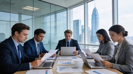 Professional business colleagues in formal suits collaborate around a wooden table in a high-rise office building with glass walls overlooking a cityscape.