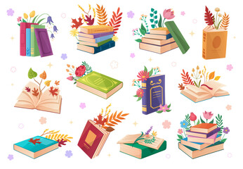 Open and closed books with spring flowers and blooming bouquet. Cartoon colorful stacks of paperbooks with blossoms for school library covers, education stickers and children literature designs. © vectorpouch