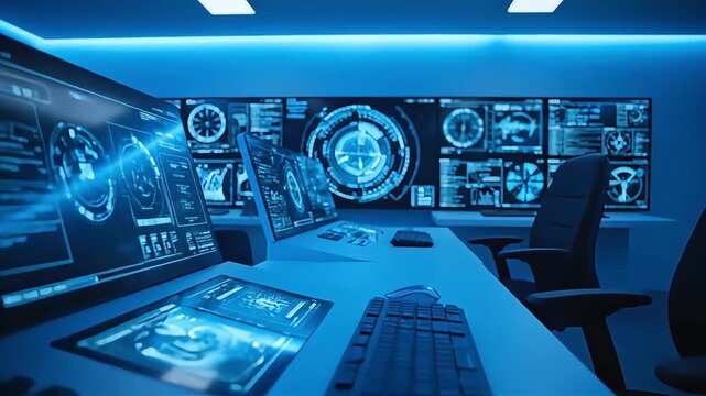 A futuristic control room with multiple glowing blue holographic screens displaying complex data and digital interfaces, indicating advanced technology and monitoring capabilities.
