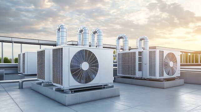 Industrial air conditioning units on a rooftop during sunset