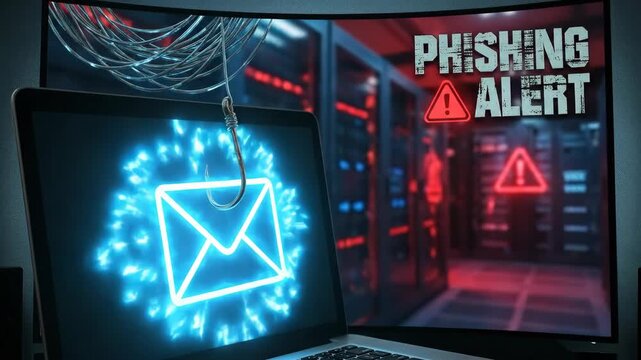 Laptop screen with a neon envelope icon and fishing hook representing a phishing email scam, digital security concept