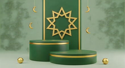 Elegant islamic podium display with geometric star and crescent moons
