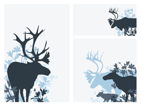 Vector set of reindeer silhouettes in different layouts with bearberry plants, animal family collection including horizontal banner and vertical card, isolated on white background