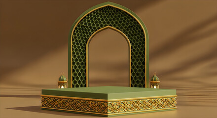 Islamic geometric arch podium with ornate lanterns and gold