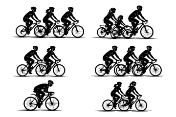 Silhouette of cyclists: diverse group riding together in unity.