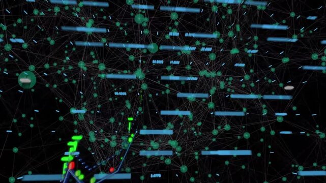 Animation of financial data processing and green glowing spots