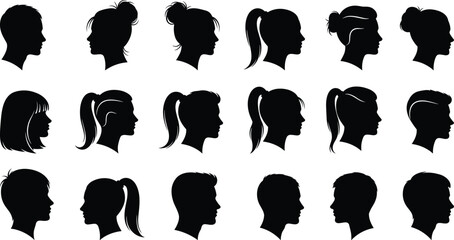 Male and female profile silhouette set, diverse men and women head side view portraits isolated on white background vector illustration collection
