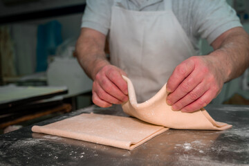 Chef's hands carefully folding homemade dough with flour dusting, preparing fresh pasta on a stainless steel counter