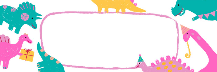 Fototapeta premium Cute dinosaur birthday frame with party hats, balloons and gifts. Hand drawn crayon style illustration with copy space in center. Perfect for kids invitation, greeting card or poster design.