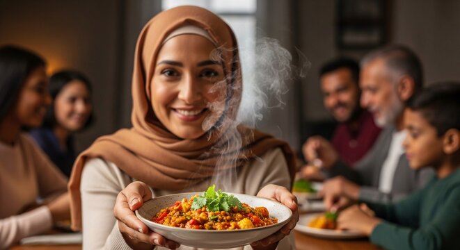 Woman in Hijab Serving Food to Family.