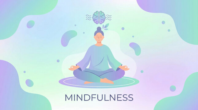 Mindfulness meditation concept with a person sitting in lotus position on a pastel background with brain waves