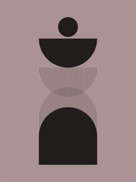 Abstract geometric minimalist vector poster featuring bold black shapes, arch elements and vertical line pattern on a neutral background. Contemporary boho style wall art 