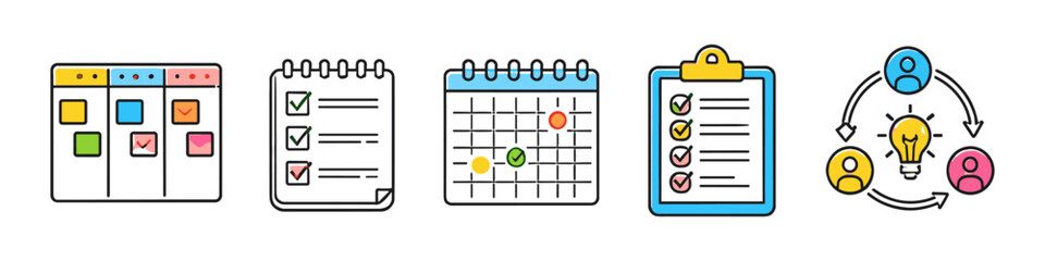 Set of icons representing project management, planning, and teamwork concepts