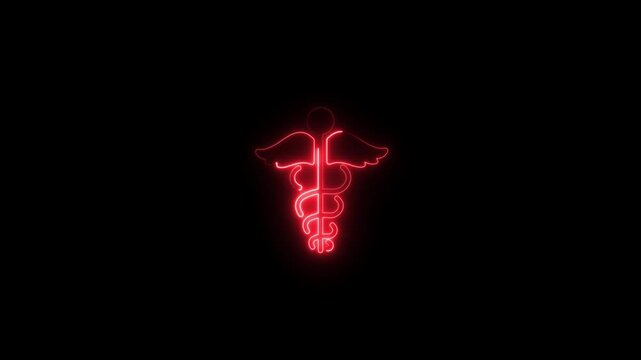 Neon Red Rod of Asclepius Medical Symbol Glowing on Black Background