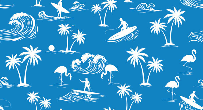 Seamless Pattern of Tropical Beach with Palm Trees, Surfers, Waves, and Flamingos on Blue Background