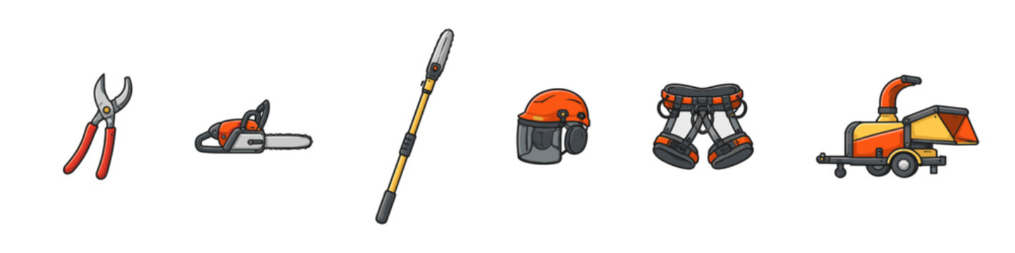 Collection of cartoon-style arboriculture and landscaping tools and safety equipment