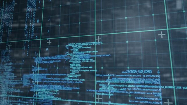 Animation of grid pattern over computer programming language against abstract background