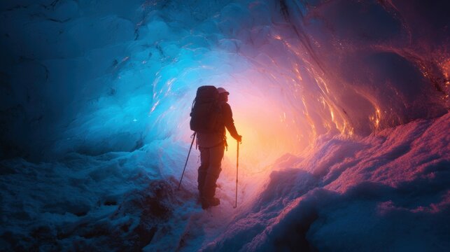 Winter season adventure exploration. A person wearing a backpack and holding trekking poles, traversing a snowcovered ice cave illuminated by a radiant light source.